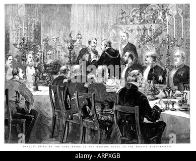 Lord Mayors Banquet 1888 Victorian engraving of the banquet given at the Mansion House to the Belgian Burgomasters Stock Photo