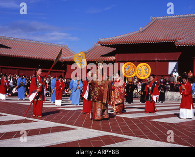 New Year Parade at Shuri Castle in Naha, Okinawa, Japan. Shuri Castle is a UNESCO world heritage site. Stock Photo