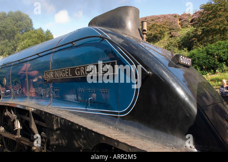 Close up of Sir Nigel Gresley steam locomotive train Goathland Station North York Moors Railway North Yorkshire England UK United Kingdom GB Britain Stock Photo