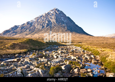 Stob Dearg (1022 metres) at the north end of Buachaille Etive Mor in Glen Coe Highland Scotland with a tributary to River Etive Stock Photo