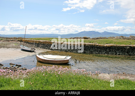 Portencross harbour Isle of Arran in distance Firth of Clyde Ayrshire Scotland Stock Photo