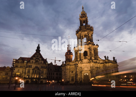 View of the Hofkirche with the Hausmann Tower to the left and the Georgenbau of the former Royal Palace. Dresden, Germany Stock Photo