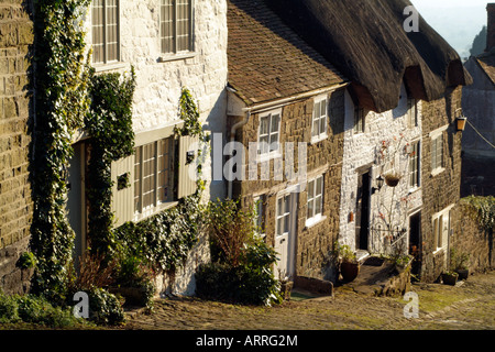 Gold Hill made famous by Hovis Advertisement in Shaftesbury Dorset England Edge of Town Housing Wintertime landscape Stock Photo