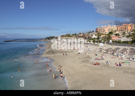 Overlooking the beach of Playa del Duque on the costa Adeje Tenerife Canary Islands Spain Stock Photo