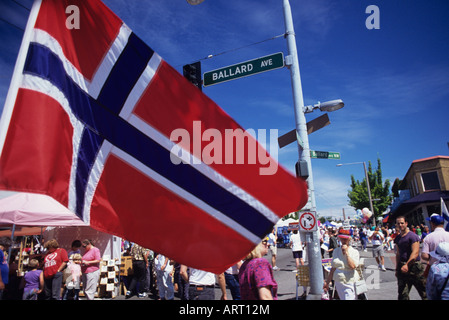 Ballard best fest street fair along Ballard avenue sunny afternoon with flag Ballard district Seattle Washington State USA Stock Photo