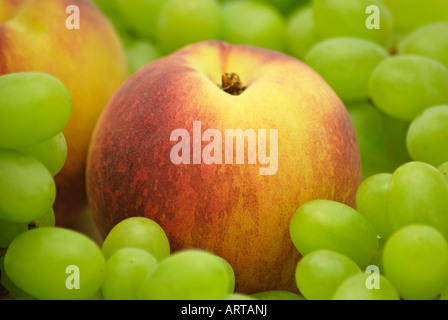 Peach and Grapes close-up Stock Photo