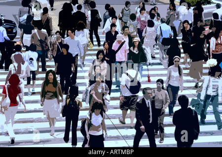 Digitally modified photo of people walking across a busy street at the crosswalk Stock Photo