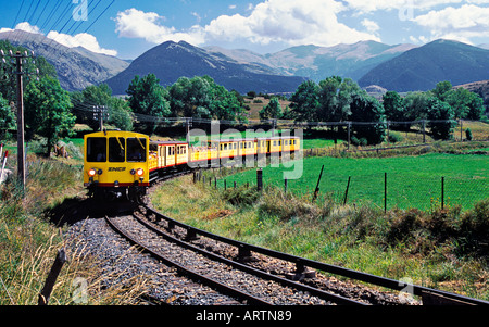 Train jaune  in  Pyreneans mountains, Languedoc Roussillon, France. Stock Photo