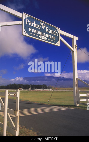 Entrance sign and road to Parker Ranch, working cattle ranch and visitor attraction/museum in community of Waimea or Kamuela Stock Photo