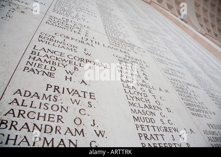 Names of war dead inscribed in the Menin Gate Ypres Belgium Stock Photo