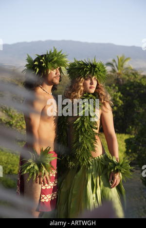 Male (kane) hula dancer deep in thought, wearing palapalai fern head lei, headshot. Stock Photo