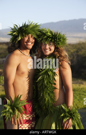 Male (kane) hula dancer deep in thought, wearing palapalai fern head lei, headshot. Stock Photo