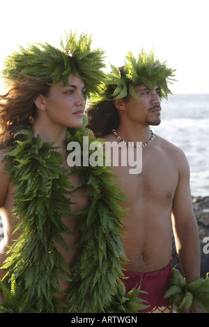 Male (kane) hula dancer deep in thought, wearing palapalai fern head lei, headshot. Stock Photo