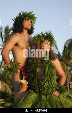 Male (kane) hula dancer deep in thought, wearing palapalai fern head lei, headshot. Stock Photo