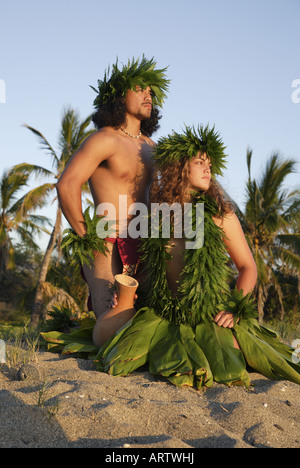 Male (kane) hula dancer deep in thought, wearing palapalai fern head lei, headshot. Stock Photo