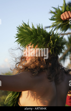 Male (kane) hula dancer deep in thought, wearing palapalai fern head lei, headshot. Stock Photo