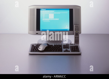 screen, keyboard, mouse, computer and speakers. Stock Photo