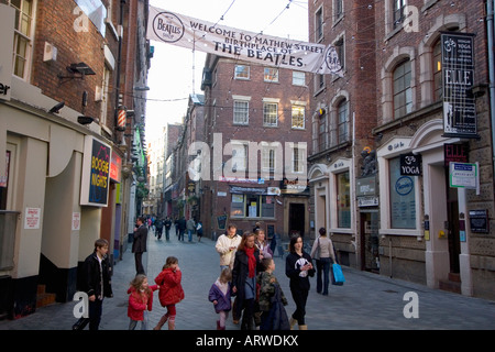 MATHEW STREET,HOME OF THE CAVERN WHERE THE BEATLES FIRST PLAYED, LIVERPOOL,ENGLAND Stock Photo