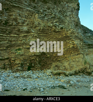 Twisted and disjointed strata in magnesium limestone cliffs; Marsden Bay, near South Shields, Tyne and Wear, England, UK. Stock Photo