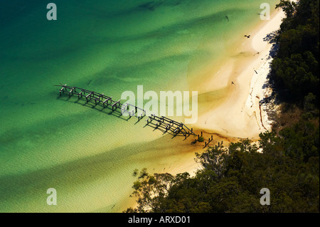 Derelict Pier K'gari / Fraser Island Queensland Australia aerial Stock Photo