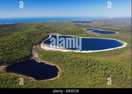 Lake Jennings front Lake Birrabeen Lake Benaroon and Lake Boomanjin, K'gari / Fraser Island Queensland Australia aerial Stock Photo