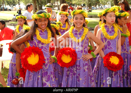 Hawaiian children young girls hula dancers at Paniolo Parade during ...