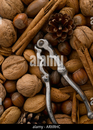 Mixed nuts pine cones nut crackers and cinnamon quills Stock Photo