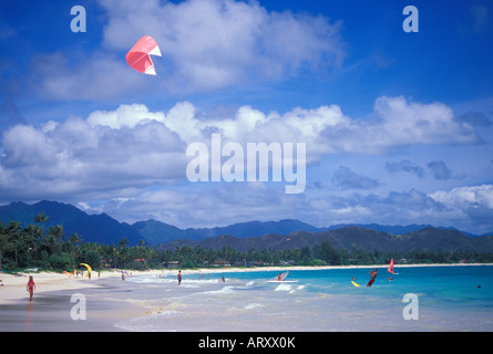 Kitesurfer and people enjoying Kailua beach park Stock Photo