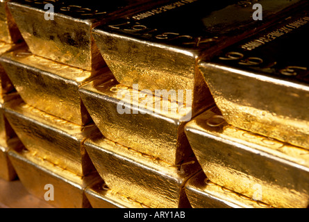 Gold bars ingots in the Gold vault under the Bank of England in Threadneedle Street London England Stock Photo