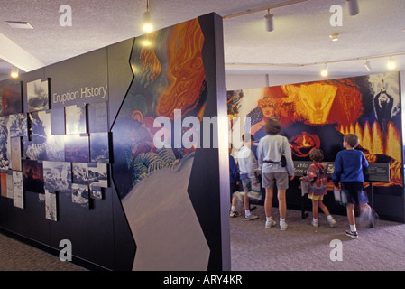 Tourists view the exhibits at the Thomas A. Jager Museum at Halemaumau Crater within the Hawaii Volcanoes National Park on the Stock Photo