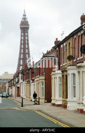 Blackpool, tower, terrace, house, northern, north, of, England, houses, housing, row, road, roads, rows, northerner, Britain, uk Stock Photo