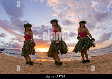 Three hula dancers in ti leaf skirts dance on the beach at sunset at Makena, Maui. Stock Photo