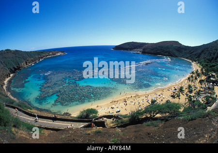 Hanauma Bay.  A marine life conservation area known for it's abundant reef fishes and coral reefs. A snorkelers paradise and Stock Photo