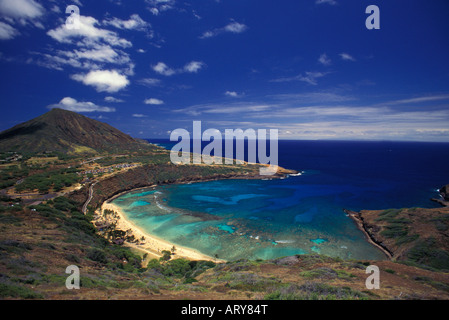 Hanauma Bay.  A marine life conservation area known for it's abundant reef fishes and coral reefs. A snorkelers paradise and Stock Photo