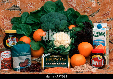 Display of foods rich in folic acid Cotswolds UK Stock Photo