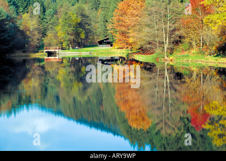 Germany, Odenwald: Autumn at the lake Eutersee Stock Photo
