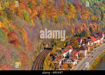 Germany, Odenwald:  Street along the river Neckar and castle Zwingenberg in the autumn Stock Photo