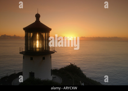 Makapuu pt. lighthouse at sunrise. Located along the southeast coast of oahu. Stock Photo