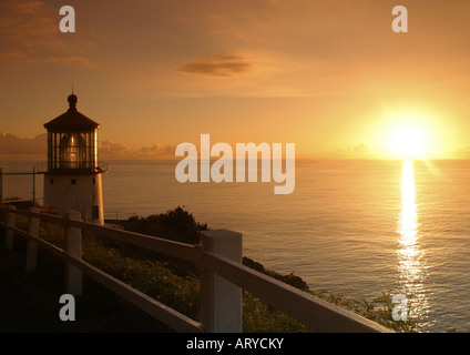 Makapuu pt. lighthouse at sunrise. Located along the southeast coast of oahu. Stock Photo