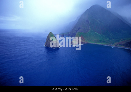 Aerial view looking east of the Kalaupapa peninsula, with Okala Island in the center Stock Photo