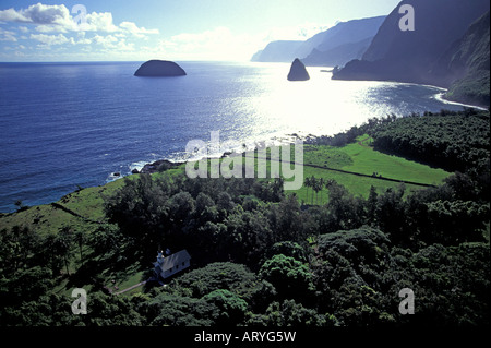 Aerial view of of the Kalawao area, on the Kalaupapa peninsula, with Siloama Church below, and Mokapu Island (left) and Okala Stock Photo