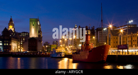 View across the Canning Dock towards the Liver Building in the city of Liverpool in North West England Stock Photo