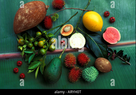 Various fruits, including exotic fruits (cherimoya, guava, rambutan) harvested at Hula Brothers farm, Kurtistown Stock Photo