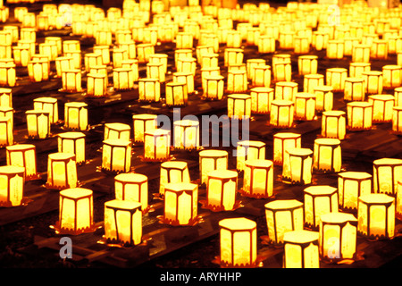 Lanterns lit in preparation for annual Obon Festival (Festival of the Dead) where lanterns are set afloat on Ala Wai Canal Stock Photo