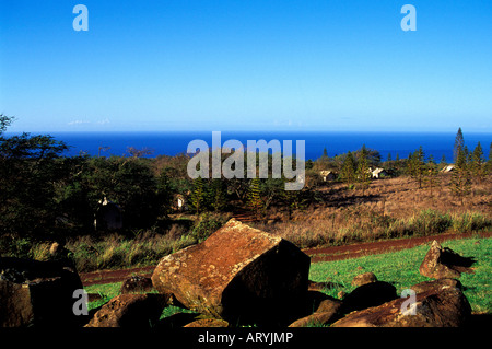 Rocks, fir trees and 'tentalows' of a paniolo camp dot the rugged earthy landscape at Molokai ranch. Stock Photo