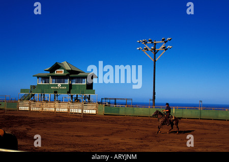 The Paniolo Rodeo Arena with a man riding a horse on Molokai Ranch Stock Photo