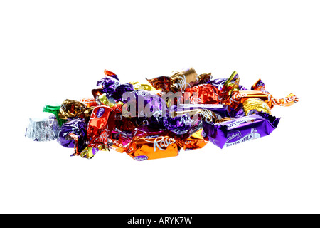 Tin Of Traditional Branded Roses Chocolates Isolated Against A White Background With A Clipping Path And No People Stock Photo