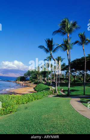 Couples walking/exercising along Ulua Beach near The Wailea Marriott Resort. This is a popular walking and running path along Stock Photo