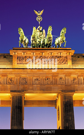 Detail of the iluminated Quadriga on top of the Brandenburger Tor, Berlin, Germany Stock Photo