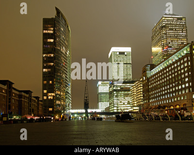 Office buildings towers at night in the Docklands Canary Wharf London UK Stock Photo